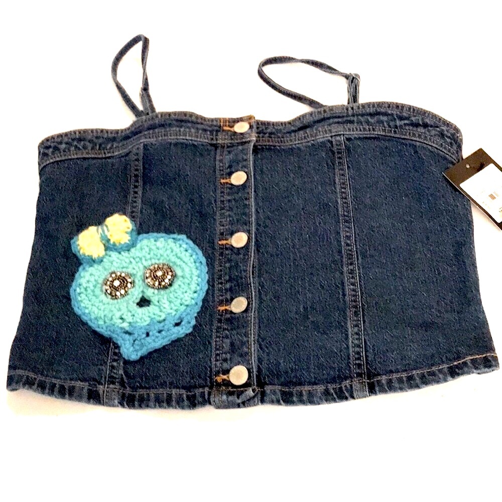 Girl’s UPCYCLED HAND CRAFTED & CROCHETED ART CLASS Denim Crop Top Sz 16/18 XXL - Picture 2 of 9